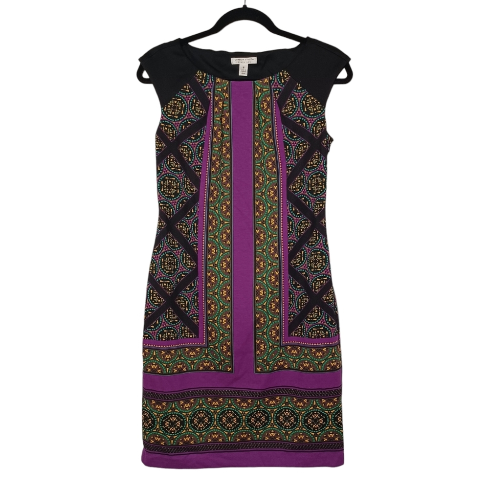 LONDON STYLE COLLECTION Purple Yellow Geometric Stripe Print Sheath Dress Small
